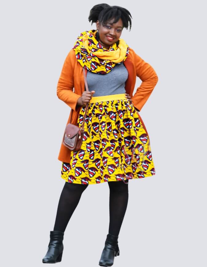 Jupe et snood orange, jupe midi africaine wax pagne pour femme fleuri été